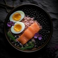 delizioso pasto di diverso , uovo, salmone, cereali pomodori, sesamo semi e alga marina nel nero piatto, asiatico cucina. generativo ai. foto