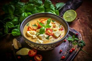 tailandese galangal pollo la minestra nel cremoso Noce di cocco latte o tom kha gai, famoso tradizionale tailandese cibo. generativo ai. foto