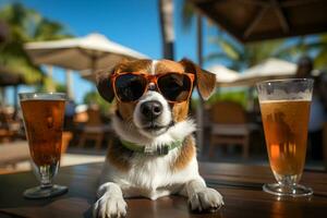 adorabile cane indossare occhiali da sole seduta nel spiaggia bar. migliore amici riposo e avere divertimento su estate vacanza, casa animale domestico. generativo ai, illustrazione foto