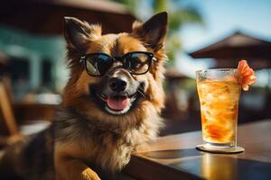 adorabile cane indossare occhiali da sole seduta nel spiaggia bar. migliore amici riposo e avere divertimento su estate vacanza, casa animale domestico. generativo un' foto