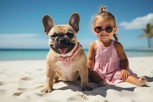 contento ragazza seduta con sua francese bulldog a il riva del mare contro un' blu cielo vicino su a tramonto. migliore amici riposo e avere divertimento su estate vacanza, casa animale domestico. generativo ai foto