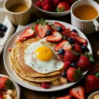 salutare prima colazione impostato su tavolo. il concetto di delizioso e salutare cibo. generativo ai. foto