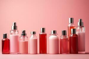 impostato di cosmetico bottiglie su rosa sfondo. generativo ai. foto