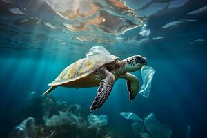 un' tartaruga mangiare plastica Borsa. plastica inquinamento nel oceano, acqua ambientale problema, spazzatura mare. illustrazione, generativo ai foto
