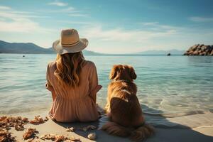 indietro Visualizza di donna e sua cane seduta a il spiaggia. ragazza e sua animale domestico seduta a il spiaggia. migliore amici riposo e avere divertimento su estate vacanza, casa animale domestico. generativo ai foto