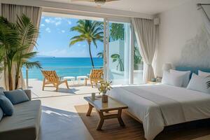 mare Visualizza Camera da letto con comodo letto, bianca parete, naturale luce, tropicale pianta e balcone nel lusso spiaggia Casa o moderno villa. casa interno, tropicale ricorrere concetto. generativo ai foto