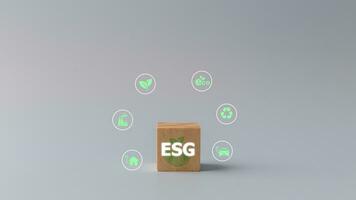 ambientale sociale governo esg concetto. un' di legno cubo con il parola esg e icone. foto
