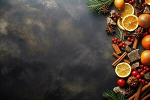 Natale albero con coni, Natale decorazioni su un' buio sfondo. copia spazio superiore Visualizza. generativo ai. foto