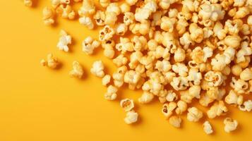 sparpagliato Popcorn nel caramello su un' giallo sfondo. bandiera per cinema foto