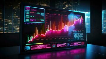 azione mercato crescita grafico, finanziario neon grafico su schermo nel moderno ufficio foto