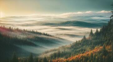 nebbioso paesaggio con abete foresta nel fricchettone Vintage ▾ retrò stile. ai generato foto