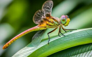 un' travolgente visivo omaggio per il delicato bellezza di un' libellula arroccato con grazia su un' verdeggiante foglia nel della natura sereno abbraccio. ai generato foto
