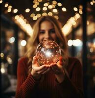 contento donna Tenere un' scintillante Natale palla nel sua mani foto