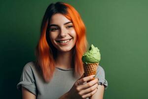 giovane sorridente ragazza è Tenere verde ghiaccio crema cialda cono su verde sfondo. ai generato. foto