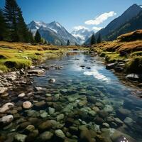 bellissimo paesaggio di montagne, fluente fiumi e valli nel il altopiani, grande per siti web, blog, fondali, attività commerciale eccetera. Immagine a partire dal generativo ai foto