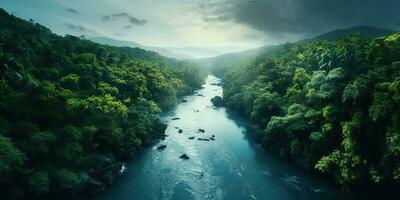 generativo ai, verde bellissimo amazzonica giungla paesaggio con alberi e fiume, fuco Visualizza foto