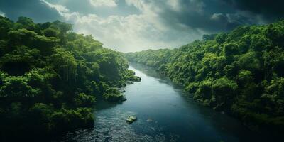 generativo ai, verde bellissimo amazzonica giungla paesaggio con alberi e fiume, fuco Visualizza foto