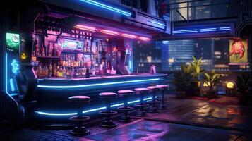 generativo ai, cyberpunk stile bar o bar. notte scena di grande città, futuristico nostalgico anni 80, anni 90. neon luci vivace colori, fotorealistico orizzontale illustrazione. foto