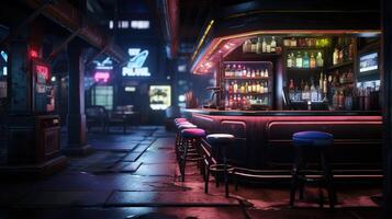 generativo ai, cyberpunk stile bar o bar. notte scena di grande città, futuristico nostalgico anni 80, anni 90. neon luci vivace colori, fotorealistico orizzontale illustrazione. foto