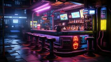 generativo ai, cyberpunk stile bar o bar. notte scena di grande città, futuristico nostalgico anni 80, anni 90. neon luci vivace colori, fotorealistico orizzontale illustrazione. foto