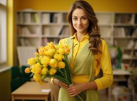 contento bellissimo insegnante con fiori foto