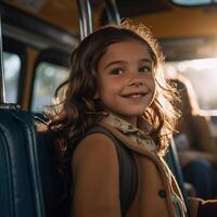 poco ragazzo scuola ragazza e autobus. generativo ai foto