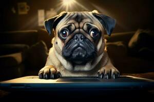 adorabile cane guardare il computer portatile. creare ai foto