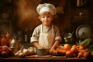 giocoso cucinare bambino ragazzo cucina. creare ai foto