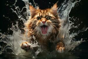 malizioso gatto spruzzi acqua correre. creare ai foto