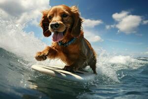 avventuroso cane divertente equitazione tavola da surf. creare ai foto
