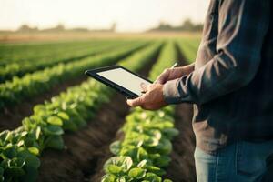 efficiente utilizzando tavoletta digitale a agricoltura campo. creare ai foto