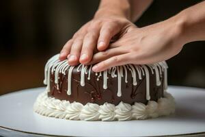 delizioso mani Pasticcino capocuoco torta cibo. creare ai foto