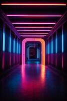 3d rendere. geometrico figura nel neon leggero contro un' buio tunnel. laser incandescenza.. ai generato foto
