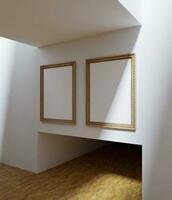 un' coppia di classico telaio modello manifesto sospeso su il bianca parete nel il arte galleria illuminato di luce del sole foto
