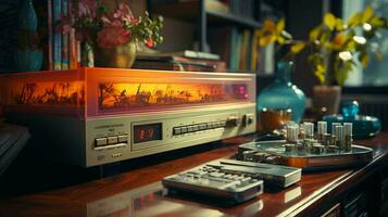 vecchio elegante Vintage ▾ Audio retrò musica cassetta nastro registratore manifesto a partire dal il anni 80 anni 90 foto