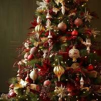 Natale albero con classico ornamenti e decorazioni, inglese nazione Casa e Villetta stile, allegro Natale e contento vacanze auguri, generativo ai foto