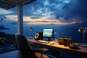 posto di lavoro con computer su il tavolo nel il camera prospiciente il mare, computer camera con un' Visualizza di il mare, isole e il cielo, ai generato foto