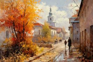 acquerello pittura di autunno paesaggio nel vilnio, Lituania. antico vitebsk nel il autunno impressionismo arte, ai generato foto