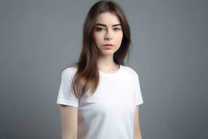 generativo ai. bianca maglietta modello su femmina modello foto