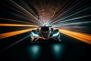 generativo ai. futuristico da corsa auto sfolgorante attraverso illuminato al neon tunnel foto