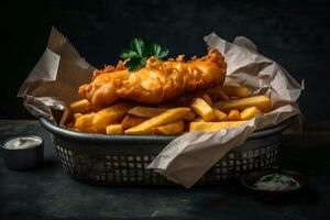 generativo io.. pesce e patatine fritte - un' deliziosamente classico Britannico piatto per tutti per godere. foto