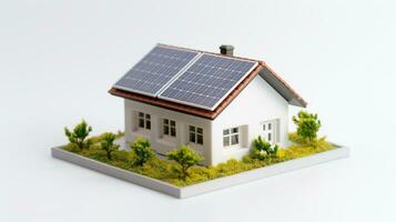 miniatura Casa modello con solare pannello su tetto su bianca sfondo. inteligente casa energia Salvataggio concetto. generativo ai foto