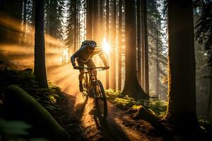 generativo ai.mountain bicicletta avventura equitazione attraverso un' panoramico foresta a tramonto foto