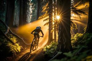 generativo ai.mountain bicicletta avventura equitazione attraverso un' panoramico foresta a tramonto foto