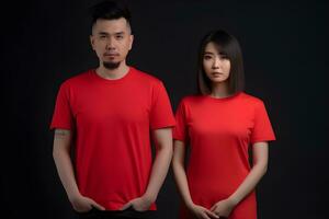 generativo ai. vuoto rosso maglietta modello su maschio e femmina modello vetrina il tuo disegni nel stile foto