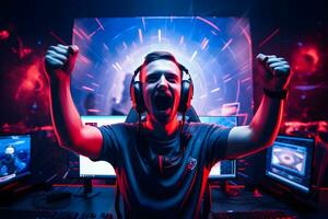 generativo ai. gioco gloria professionale esports gamer celebra nel rosso blu illuminato gioco camera foto