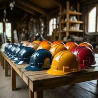 testa protezione sicurezza casco per costruzione, industriale, ingegneria, architetto, lavoro duro e faticoso, industriale contraente opera. bene per attività commerciale, opera, sito web, azienda eccetera. generativo Immagine ai foto