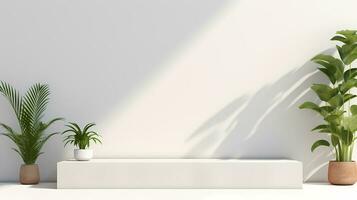 vuoto bianca podio su il contatore con foglia ombre a partire dal luce del sole e pianta. ai generato foto