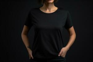generativo ai. nero maglietta modello su femmina modello foto