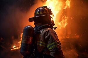 generativo ai. eroi di il fiamme realistico i vigili del fuoco combattendo furioso inferno foto